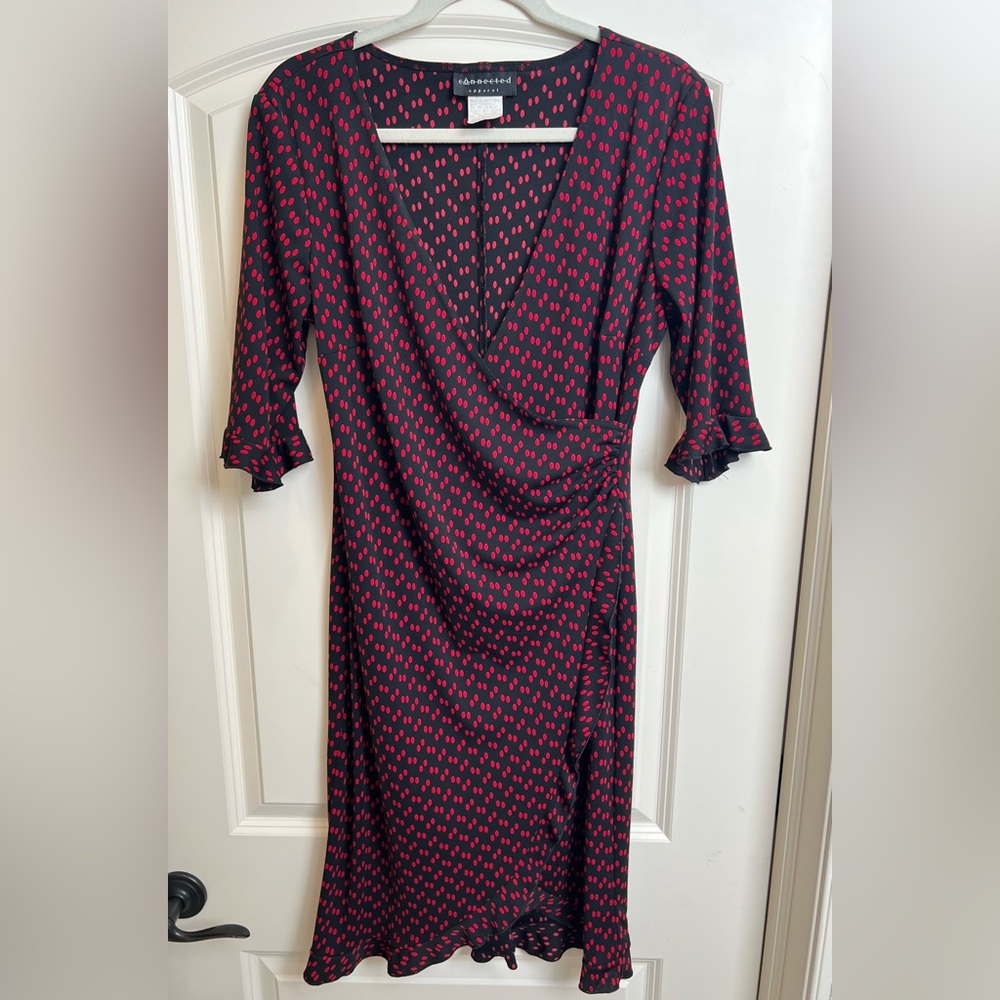 Elegant Black and Red Patterned Dress. V-neck with side slit.